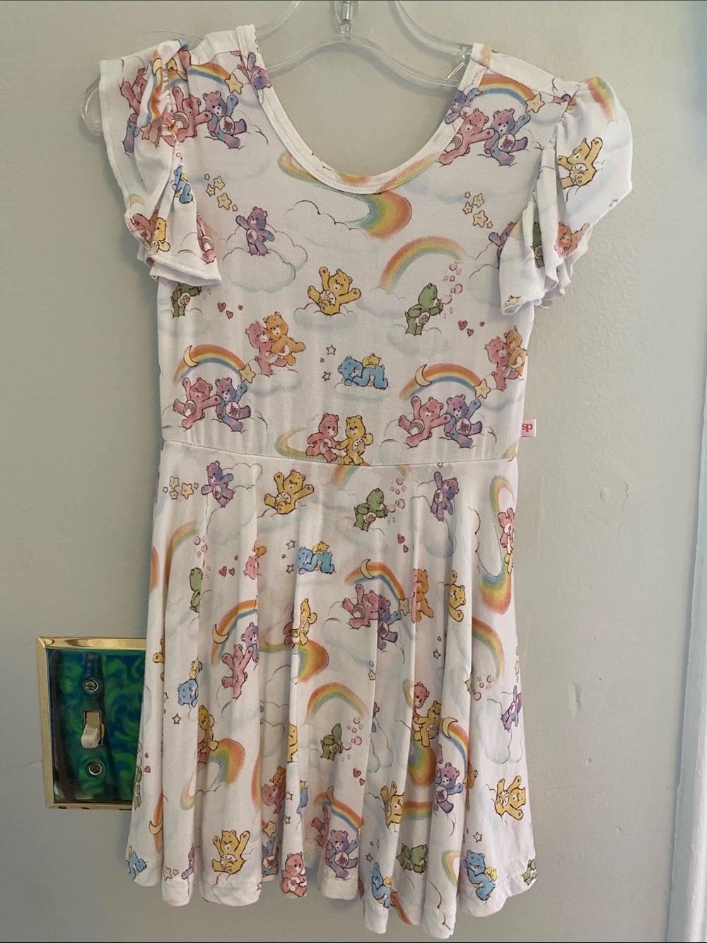 Sweet peas Girls' Rainbow care Bear Print Skater Dress - White